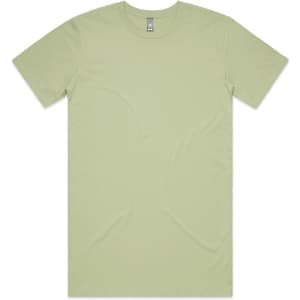 A light green t-shirt with short sleeves and a round neckline, featuring a logo.