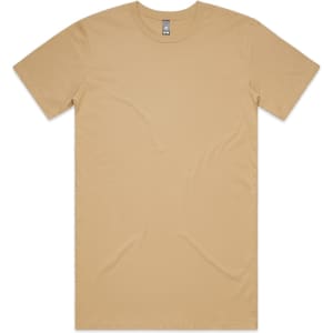 A plain tan T-shirt with a crew neck and short sleeves. It features a logo on the label.