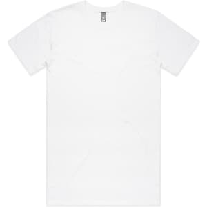 A white T-shirt with short sleeves and a round neckline, featuring a branding label.