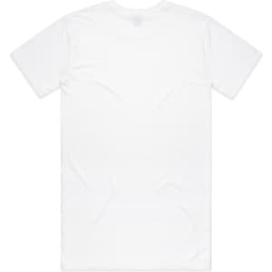 A plain white T-shirt featuring short sleeves and a minimalistic design. It includes a logo on the tag.
