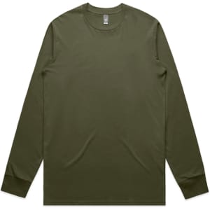 A long sleeve t-shirt in olive green with a crew neckline and branding on the label.