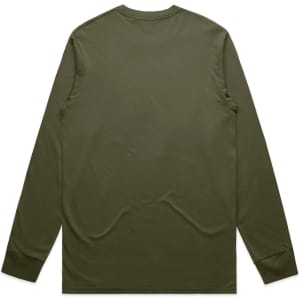 A long-sleeve t-shirt in olive green with a simple design and back view. It features a logo on the back.