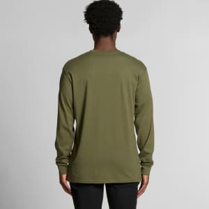 A long-sleeve tee in olive green with a simple design and a logo on the back.