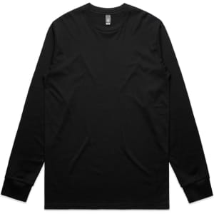 A black long-sleeved t-shirt featuring a simple design and a brand logo.