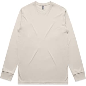 A long-sleeve t-shirt in a light beige colour, featuring a simple design and a logo on the label.