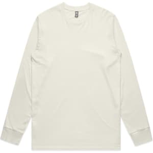 A long sleeve tee in a light cream colour featuring a simple design and a logo.