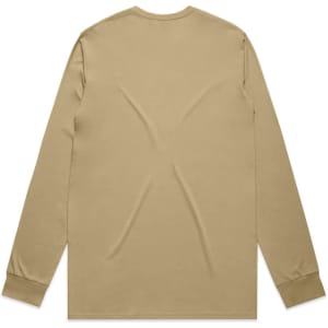 A beige long sleeve t-shirt with a plain back and fitted cuffs, featuring a branding logo.