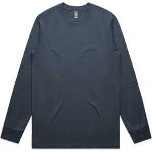 A long-sleeve T-shirt in a dark blue shade with a crew neck and a branding logo on the label.