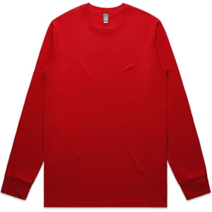 A long-sleeve red t-shirt with a plain design and a logo on the neckline.