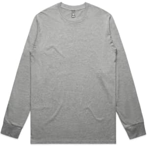 A long-sleeve T-shirt in a light grey colour with a simple design and a logo on the side.