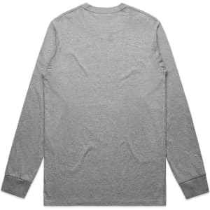 A grey long-sleeve T-shirt with a simple design and a logo on the back.