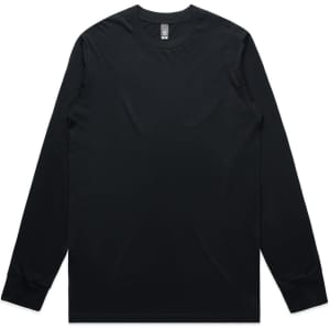 A black long-sleeve T-shirt featuring a crew neckline and a plain design with a logo.