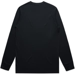 A black long-sleeve T-shirt featuring a smooth back design and fitted sleeves. It has a branding logo.