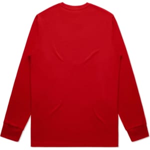 A long-sleeve red T-shirt with a plain back and fitted cuffs, featuring a logo.