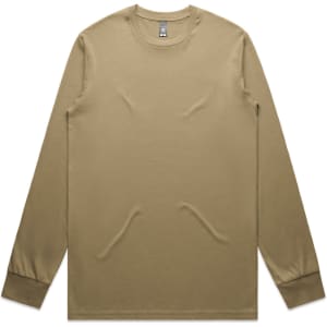 A long-sleeve tee in a tan colour featuring a simple design and a logo on the label.