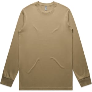 A long-sleeve t-shirt in a tan colour, featuring a simple design and a logo on the neckline.