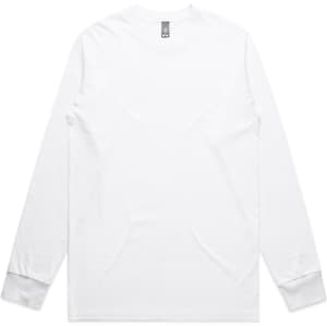 A white long-sleeve T-shirt with a simple design and a logo on the neckline.