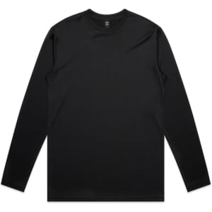 A black long-sleeved t-shirt made from active fabric, featuring a smooth texture and a logo.