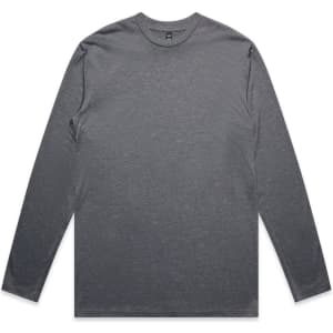 A long-sleeve grey T-shirt with a round neckline. It features a logo on the front.