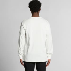 A long-sleeved white T-shirt is displayed from the back, featuring a simple design and a logo on the back.