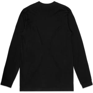 A black long-sleeve t-shirt made from organic material, featuring a simple design with a logo.