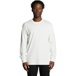 A long-sleeve white T-shirt featuring a logo, modelled by a person against a plain background.