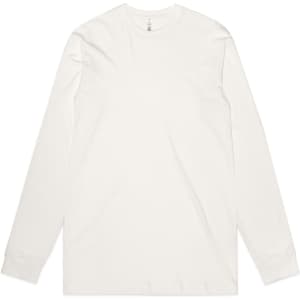 A long-sleeve organic T-shirt in white, featuring a logo on the neckline.