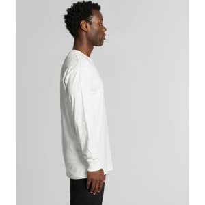 A long-sleeved organic tee in white, featuring a straight profile and a simple design with a logo.