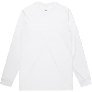 A long-sleeve white organic tee featuring a simple design and a logo on the neck label.