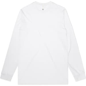 A white long-sleeve tee with a round neckline and a small logo.