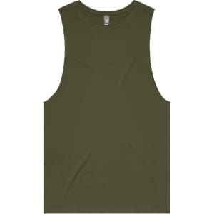 An olive green tank top with a relaxed fit and a small logo on the neckline.