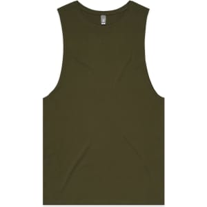 A sleeveless tank top in olive green with a simple design and a logo on the label.
