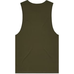 A plain olive green singlet tank top with a rounded neckline and a large armhole design. It features a logo on the back.