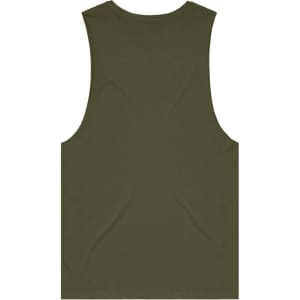 An olive green singlet tank top with a plain back design. It features a logo.