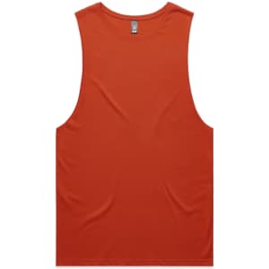 An orange singlet tank top featuring a simple design and a logo on the tag.