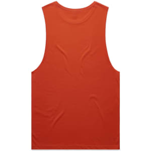 An orange singlet tank top with a sleeveless design and a back view, featuring a simple style and a logo.