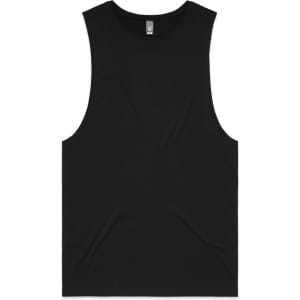A black singlet tank top featuring a simple design and a logo.