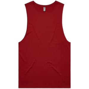 A red singlet tank top with a round neckline and no sleeves, featuring a logo on the label.