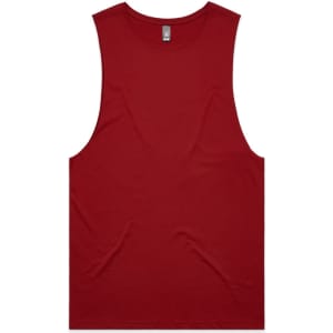 A red singlet tank top with a simple design and a label inside. It features a brand logo.