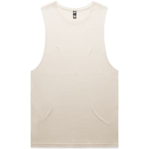 A plain cream singlet tank top featuring a round neckline and no sleeves, with a branding logo.