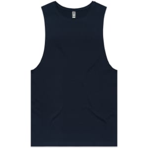 A navy blue singlet tank top with a round neckline and a logo on the label.