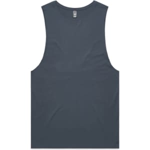 A sleeveless tank in a deep teal colour with a simple, unadorned design and a logo.