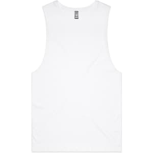 A white singlet tank top featuring a logo, designed for casual wear.