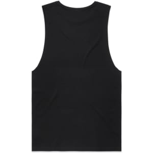 A black organic tank top with a sleeveless design, featuring a simple layout and a logo.