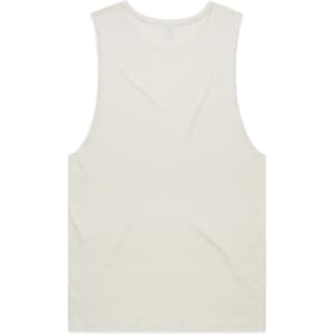 A plain, cream-coloured organic tank top with a relaxed fit and no sleeves, featuring a logo.
