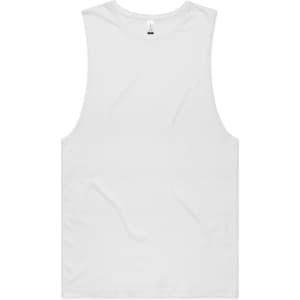 A plain white sleeveless tank top, featuring a simple design and a logo label.