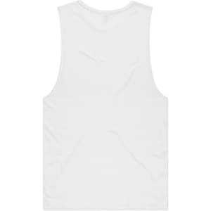 A plain white organic tank top with a sleeveless design, featuring a logo on the back.