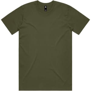 An olive green classic tee made from soft fabric, featuring a round neckline and short sleeves. It includes a logo.