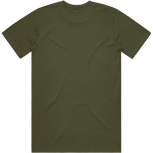 A plain olive green T-shirt featuring a classic design with a round neck and short sleeves. It has a logo on the back.