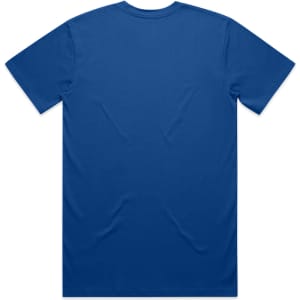 A plain blue T-shirt featuring a logo on the back. Classic cut with short sleeves.